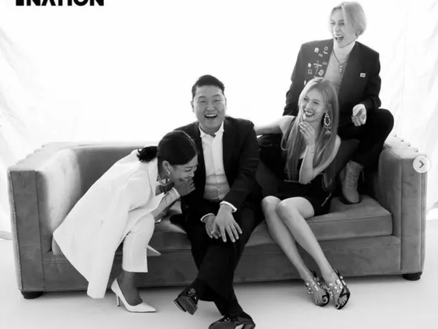 Office ”P NATION” affiliated with PSY · Jessi · HyunA · EDawn, family photo.