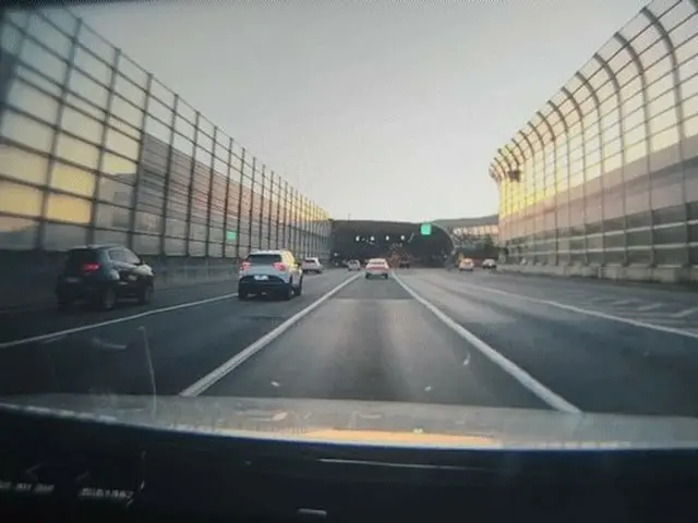 一名婦女站在高速公路隔音隧道上