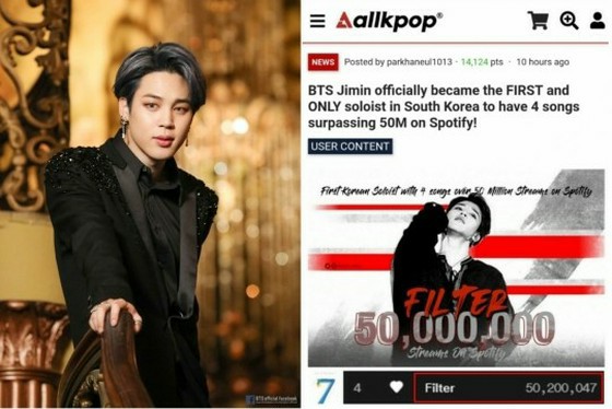 “防彈少年團” Jimin，所有四首獨唱都超過了“ Spotify” 5000萬首... K-POP首張唱片