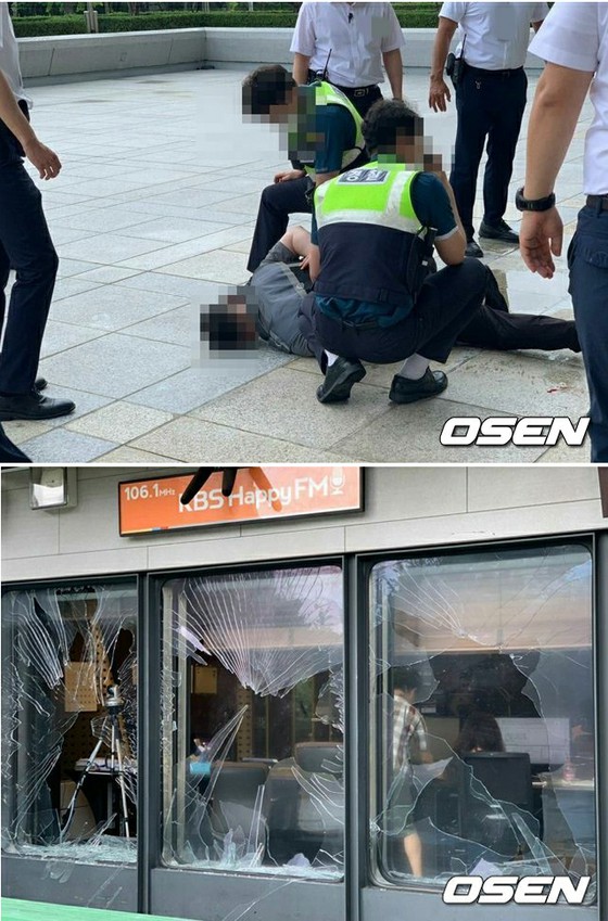 KBS，現場直播期間無線電廣播工作室的玻璃窗被打碎的情況……令人震驚的一幕，沒有造成生命損失