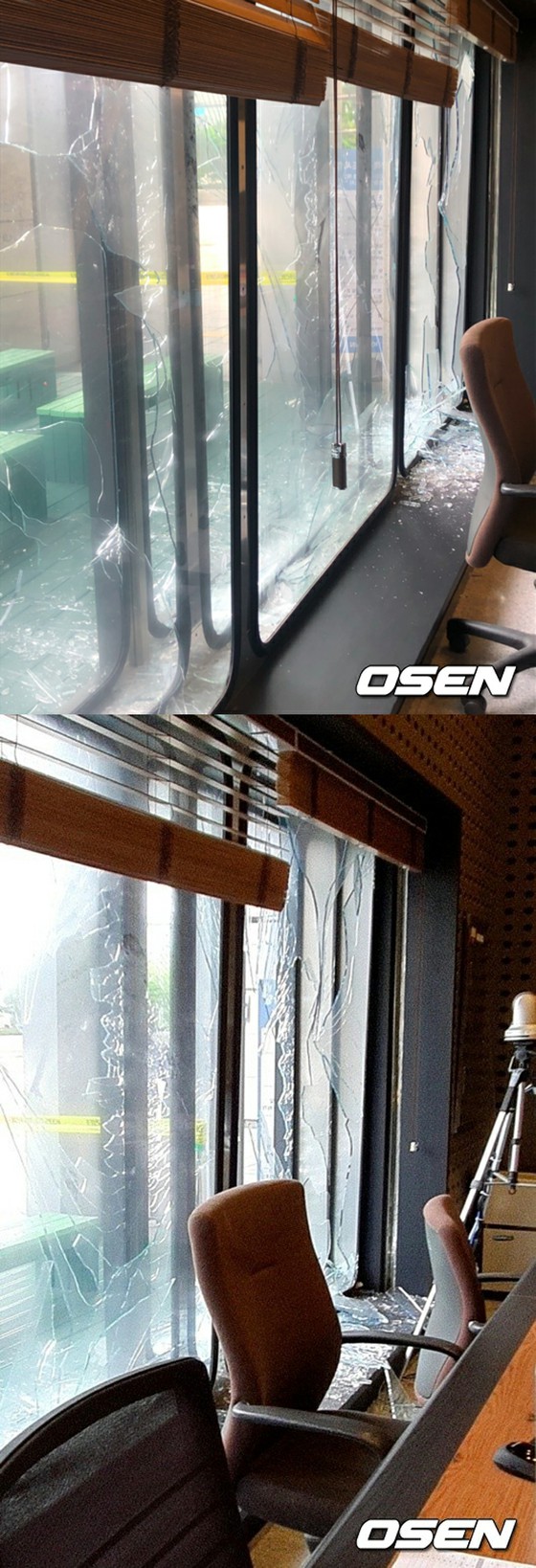 KBS，現場直播期間無線電廣播工作室的玻璃窗被打碎的情況……令人震驚的一幕，沒有造成生命損失