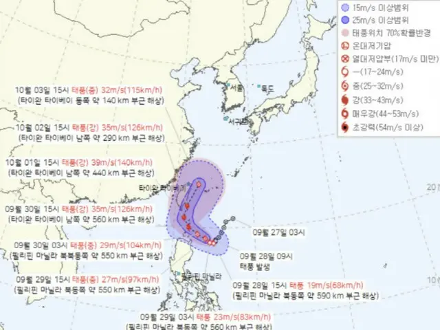 台風18号、朝鮮半島に向かうか...来月初めに影響の可能性＝韓国